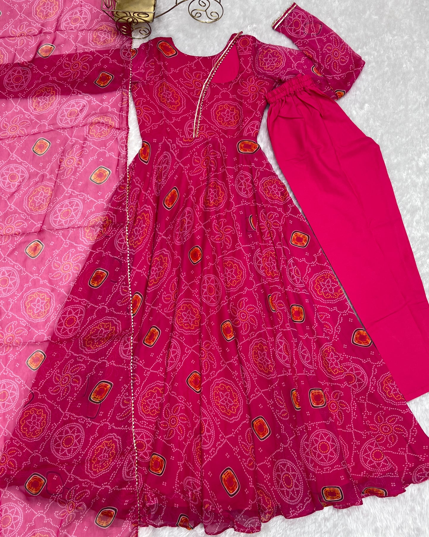 Floral Pink Color Bandhani Print Soft Chiffon Three Piece Anarkali Gown By WTW