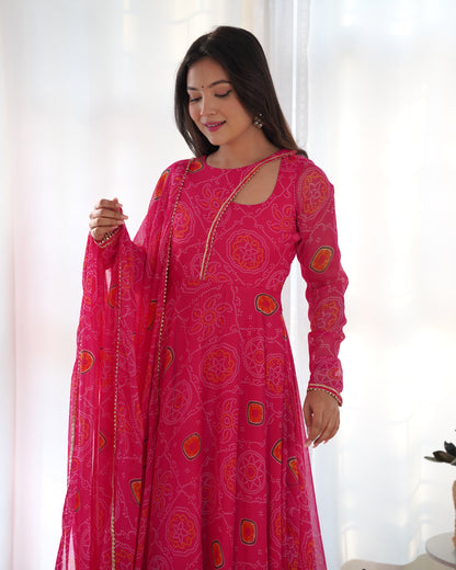 Floral Pink Color Bandhani Print Soft Chiffon Three Piece Anarkali Gown By WTW