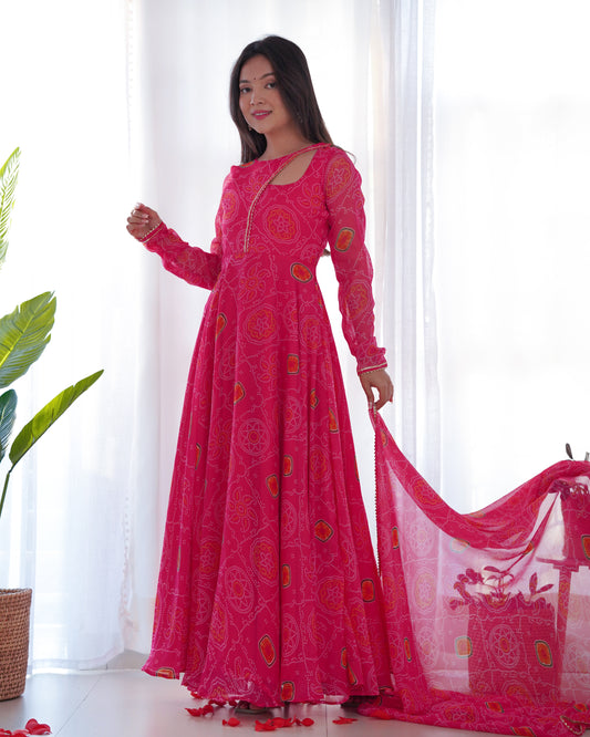 Floral Pink Color Bandhani Print Soft Chiffon Three Piece Anarkali Gown By WTW