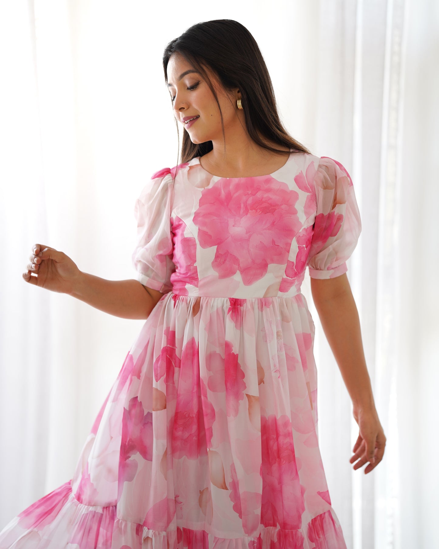 Baby Pink Color Floral Printed Organza Silk Tunic By WTW