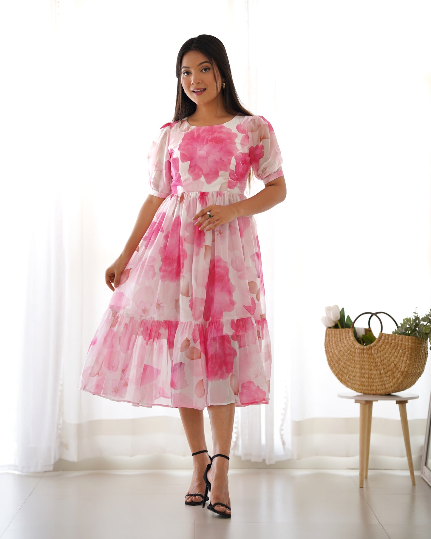 Baby Pink Color Floral Printed Organza Silk Tunic By WTW