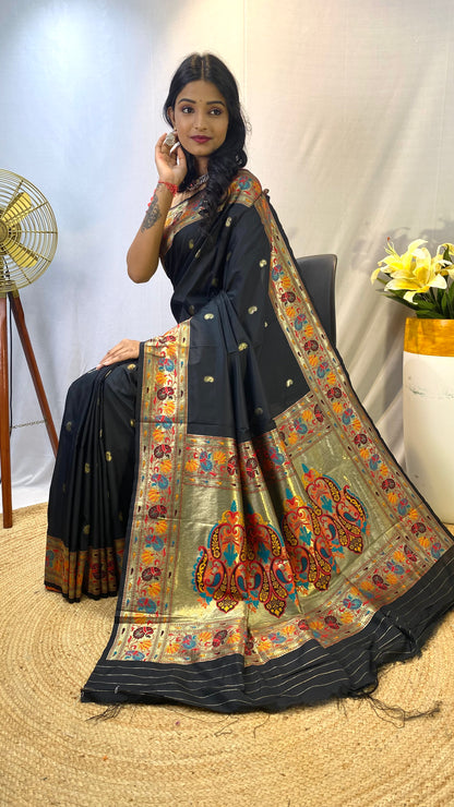 Paithani Silk Black Festival Wear Weaving Saree By WTW