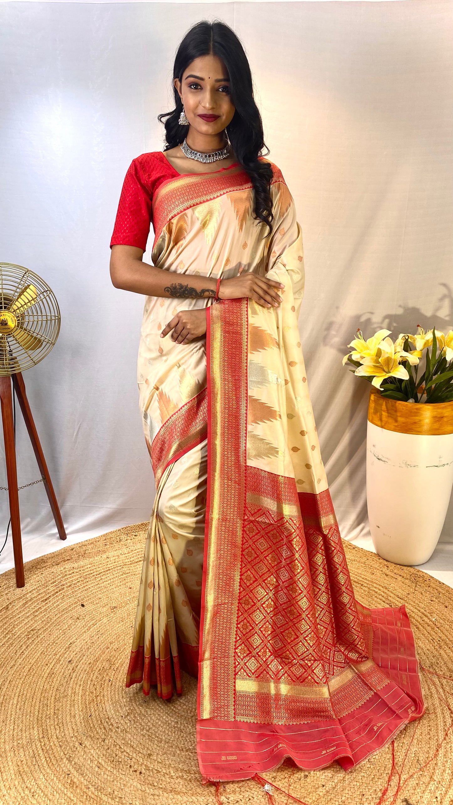 Cream Silk Woven Zari Broad Border Saree By WTW