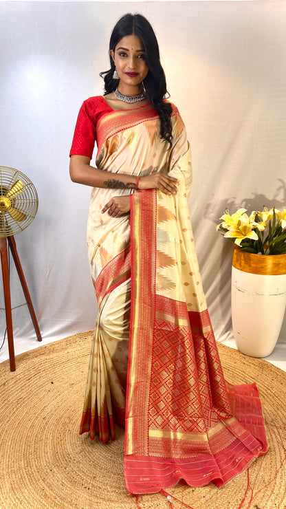 Cream Silk Woven Zari Broad Border Saree By WTW