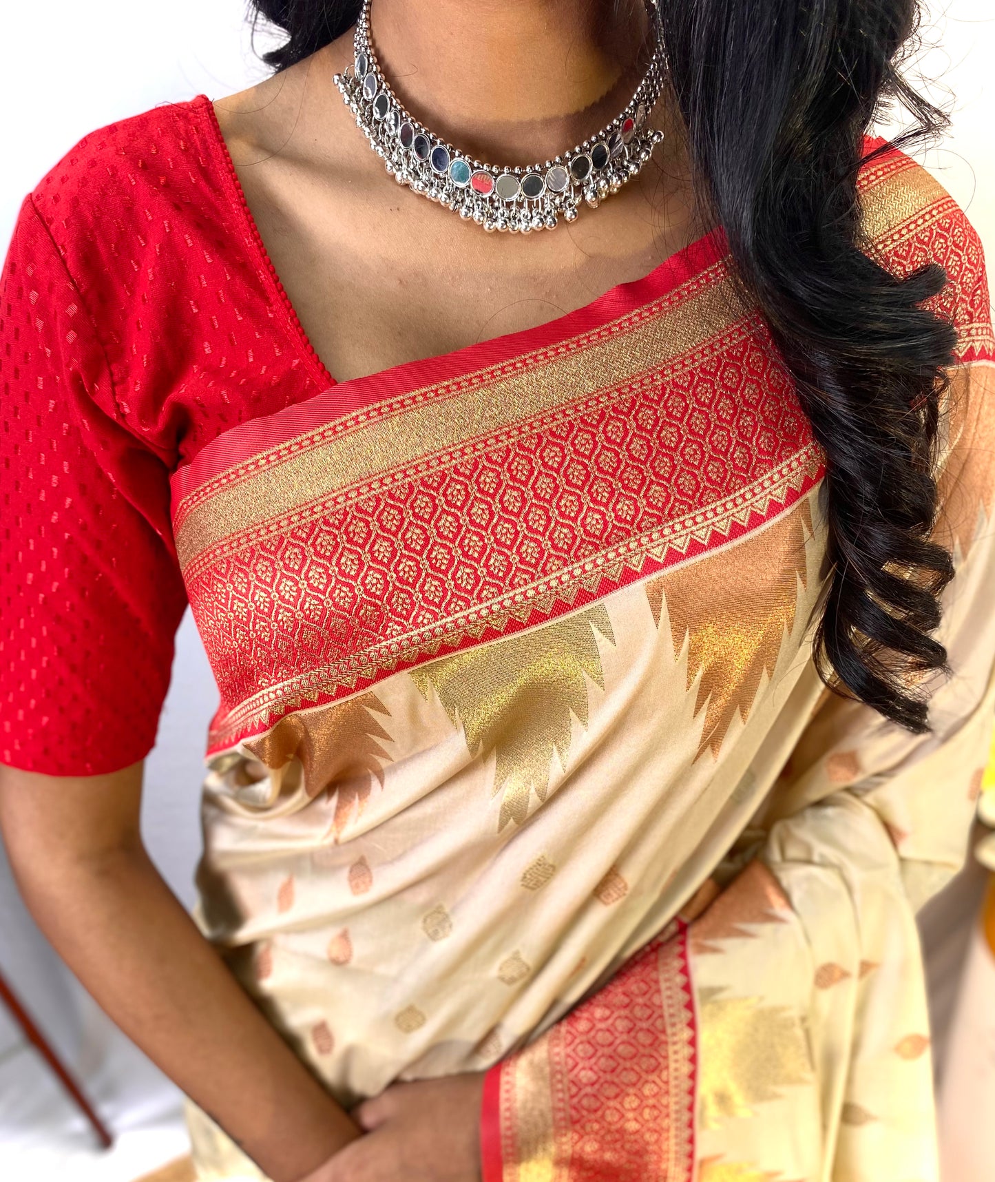 Cream Silk Woven Zari Broad Border Saree By WTW