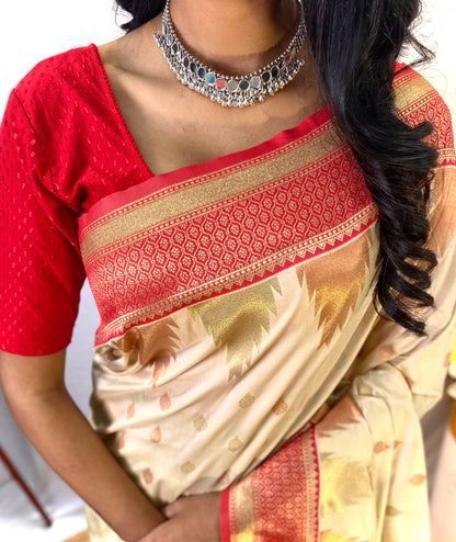 Cream Silk Woven Zari Broad Border Saree By WTW