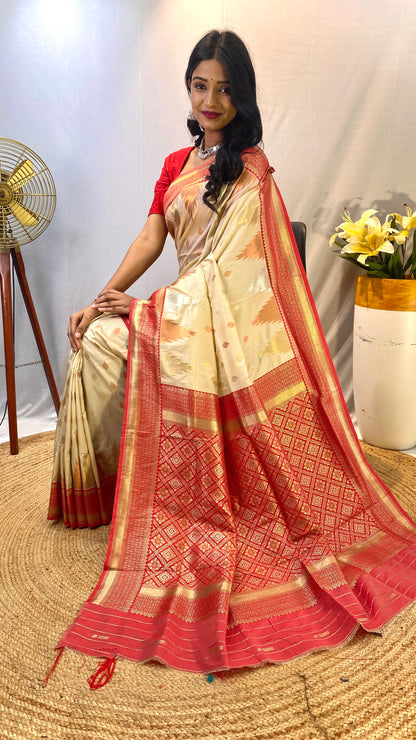 Cream Silk Woven Zari Broad Border Saree By WTW