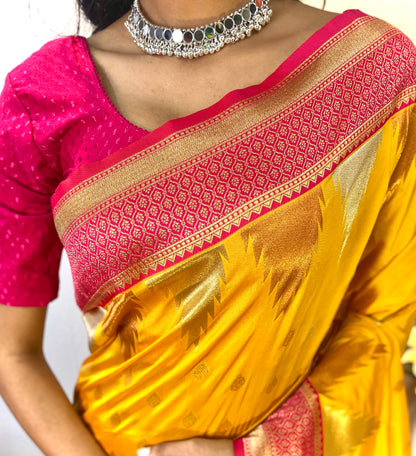 Mikado Yellow Zari Woven Banarasi Silk Saree By WTW