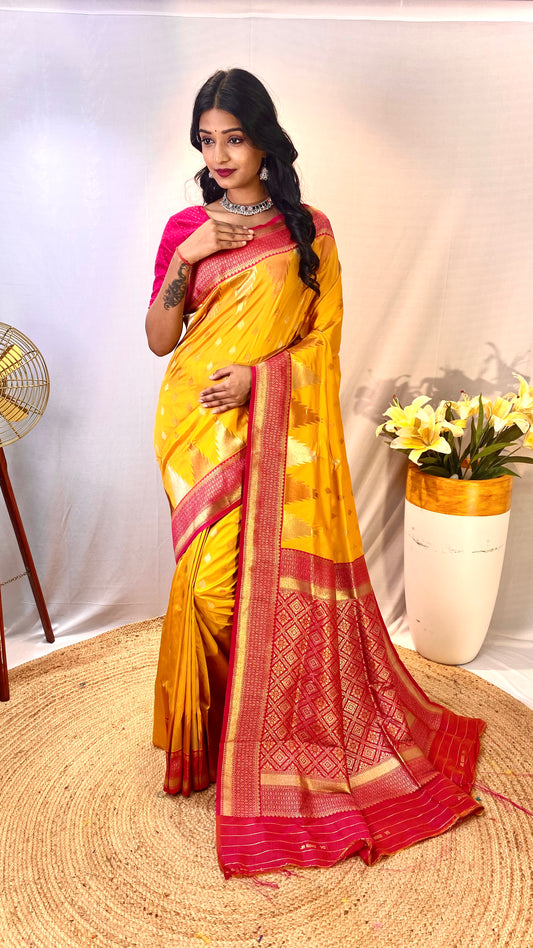 Mikado Yellow Zari Woven Banarasi Silk Saree By WTW