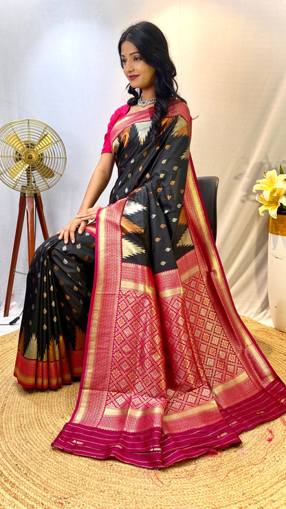 Black Print Work Silk Traditional Saree By WTW