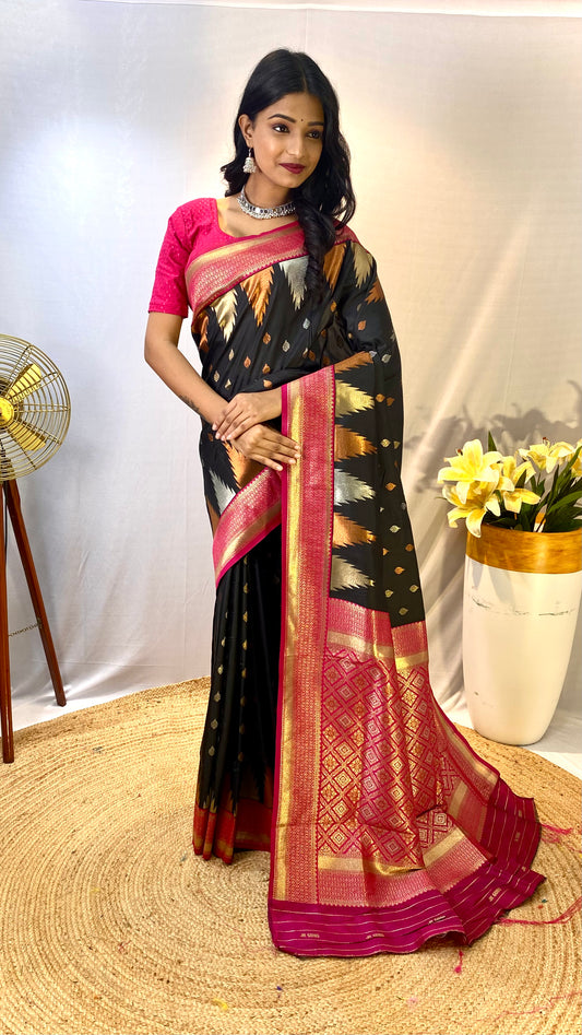 Black Print Work Silk Traditional Saree By WTW