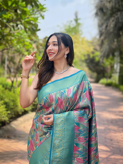 Firozi Woven Silk Saree Set By WTW