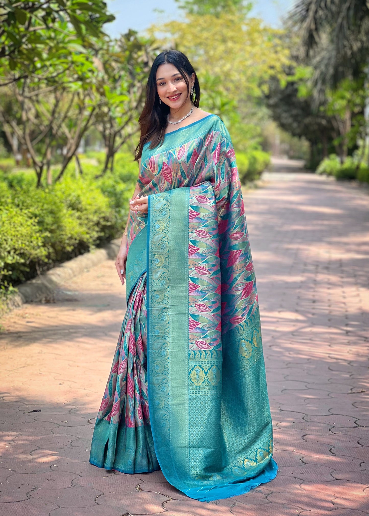 Firozi Woven Silk Saree Set By WTW
