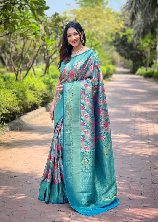 Firozi Woven Silk Saree Set By WTW