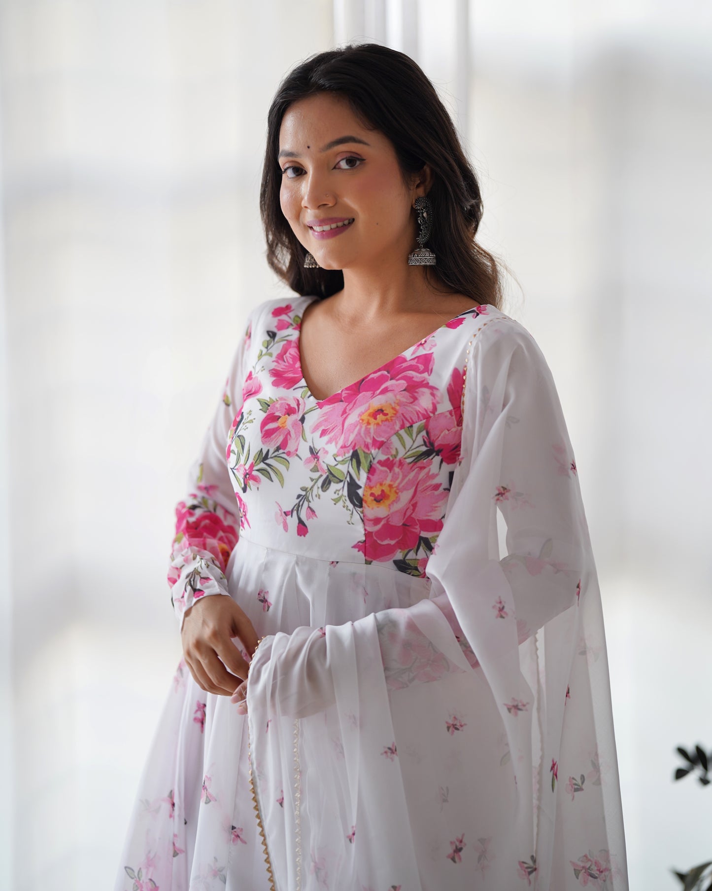 V Neck Floral Printed Empire Pure Cotton Kurta And Palazzos With Dupatta By WTW