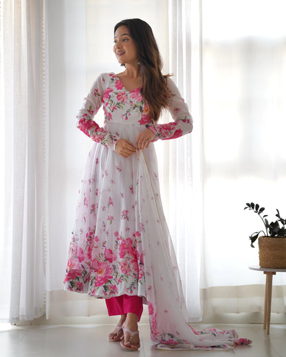 V Neck Floral Printed Empire Pure Cotton Kurta And Palazzos With Dupatta By WTW