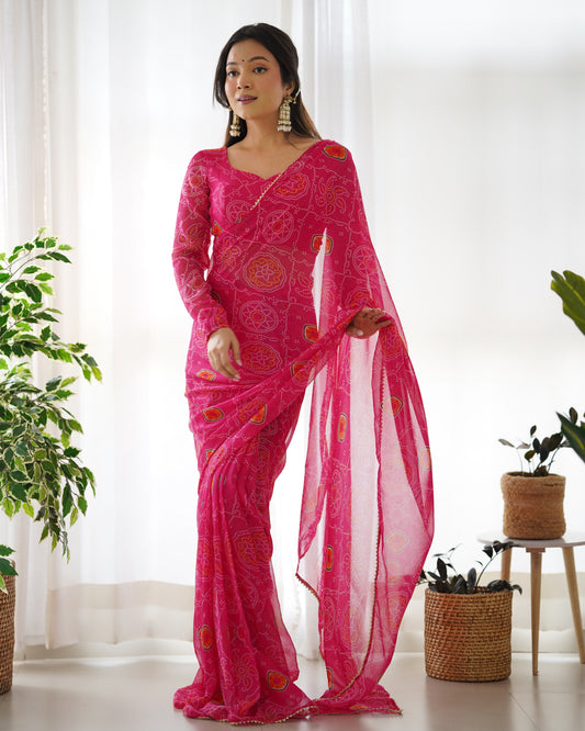 Beautiful Pink Bandhani Printed Chiffon Festival Wear Saree With Blouse By WTW