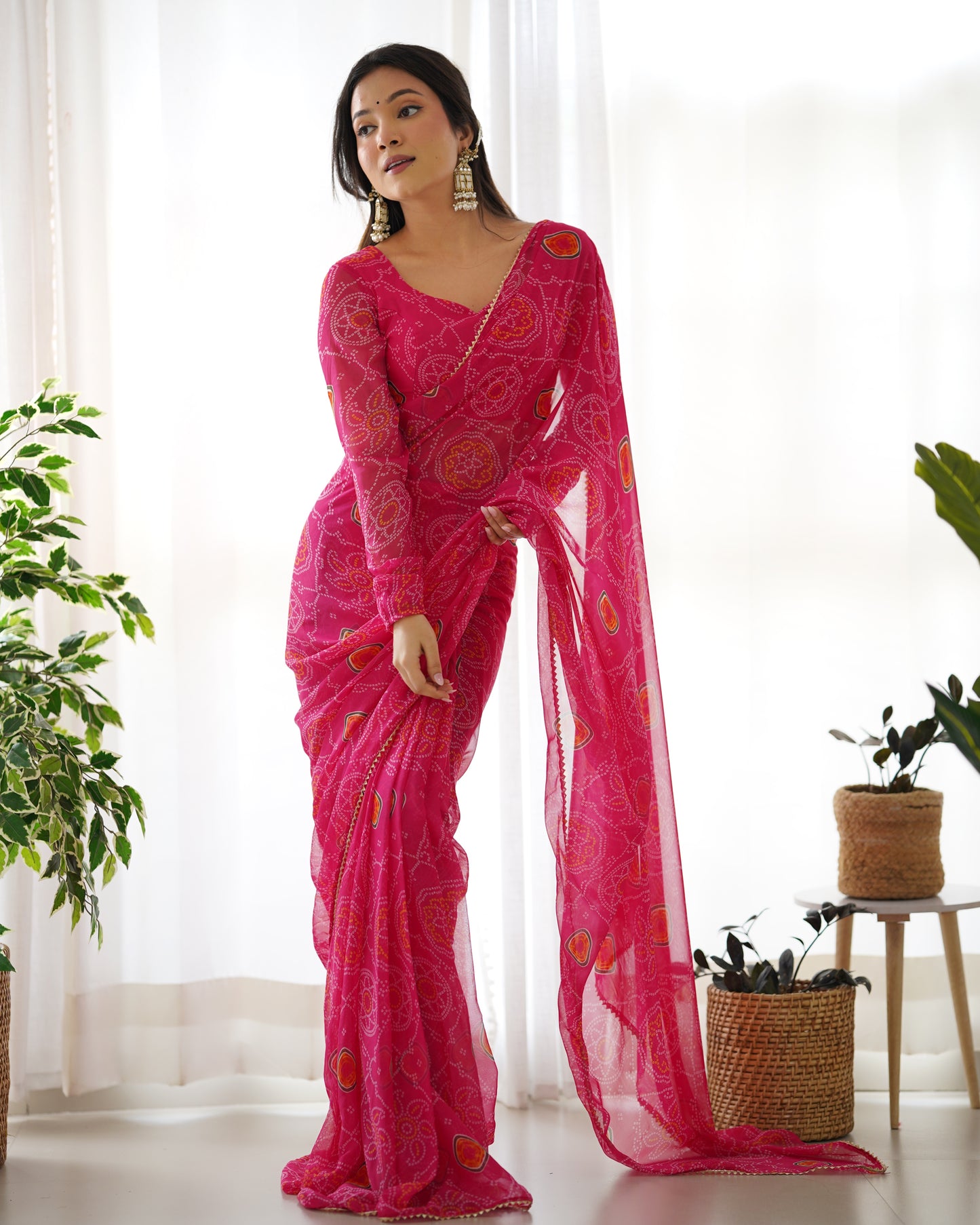 Beautiful Pink Bandhani Printed Chiffon Festival Wear Saree With Blouse By WTW