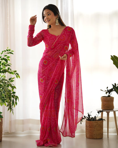 Beautiful Pink Bandhani Printed Chiffon Festival Wear Saree With Blouse By WTW