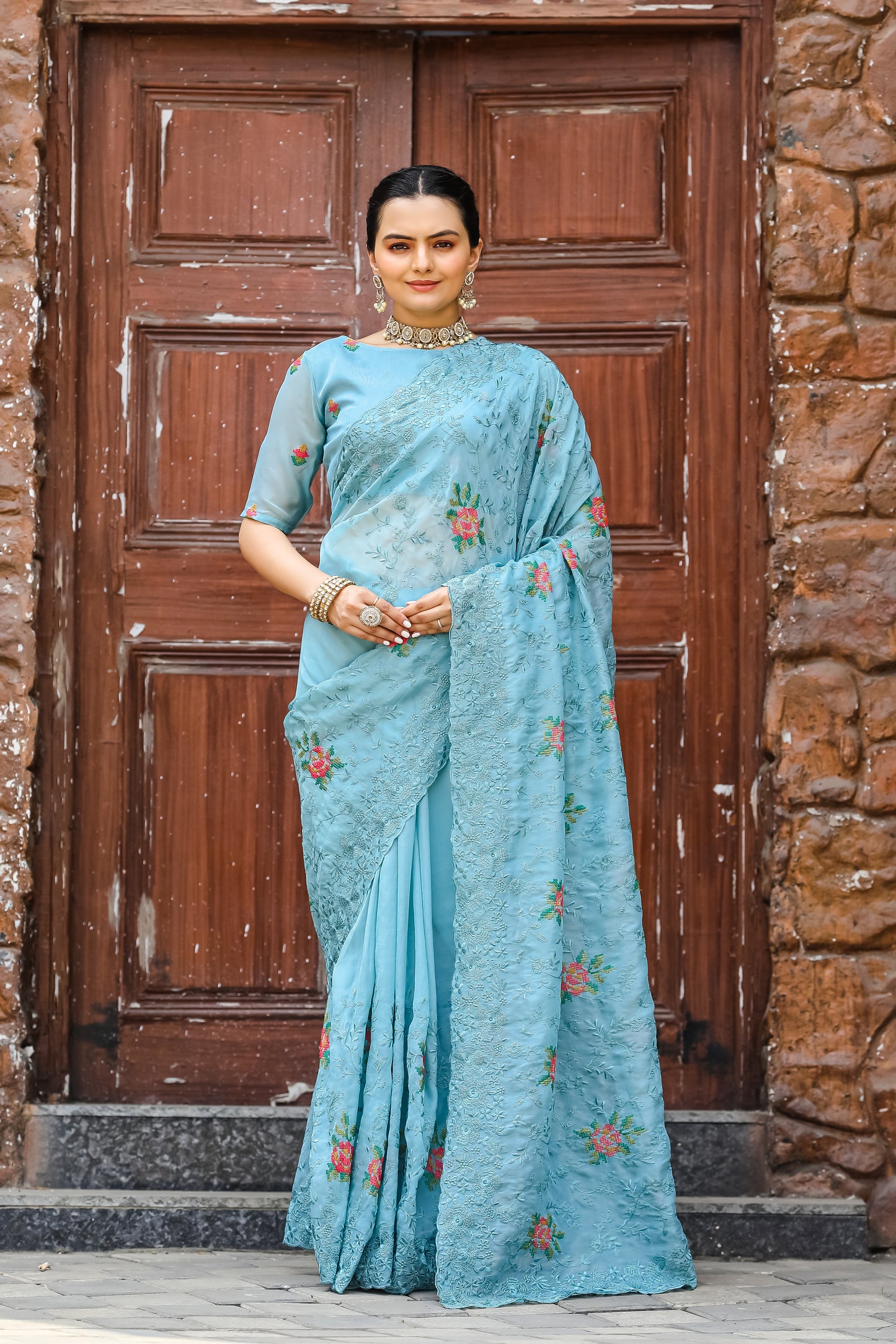 Chiffon Saree With Flower Embroidery With Cut Work By WTW