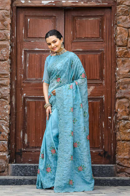Chiffon Saree With Flower Embroidery With Cut Work By WTW