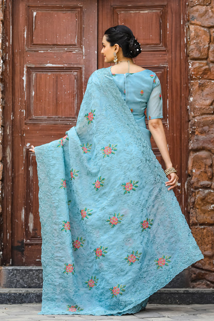 Chiffon Saree With Flower Embroidery With Cut Work By WTW