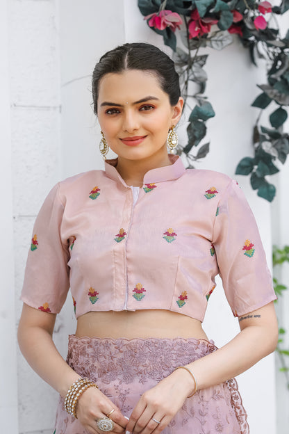 Pink Thread Embroidered Chiffon Saree Set By WTW