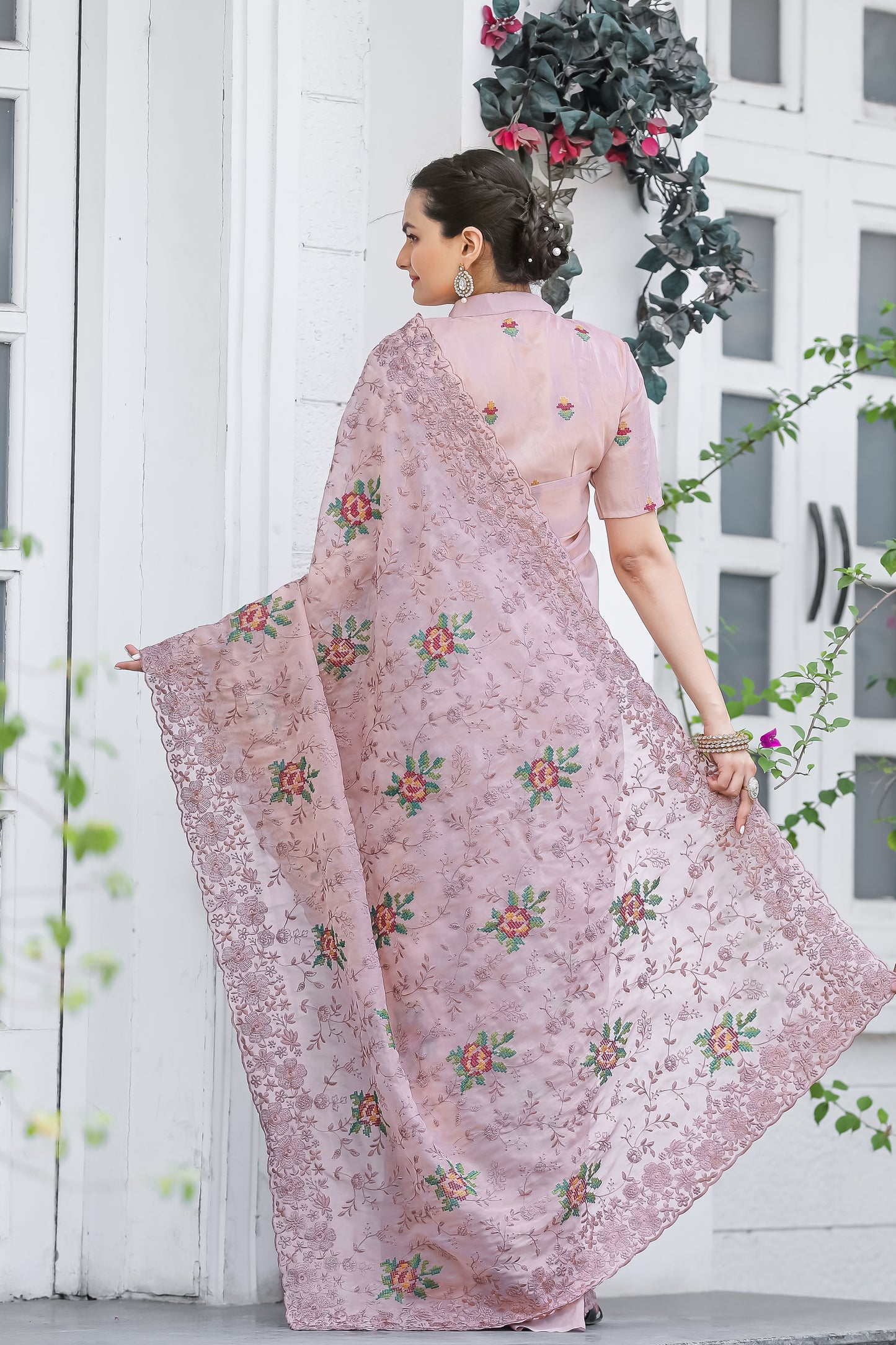 Pink Thread Embroidered Chiffon Saree Set By WTW