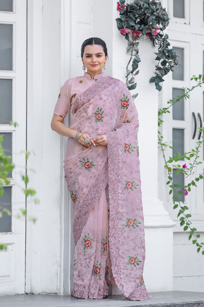 Pink Thread Embroidered Chiffon Saree Set By WTW