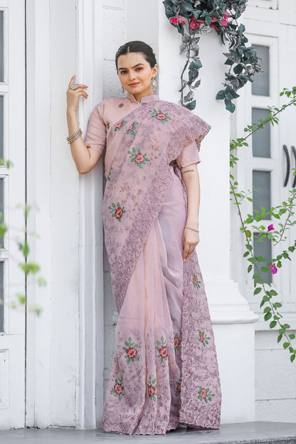 Pink Thread Embroidered Chiffon Saree Set By WTW