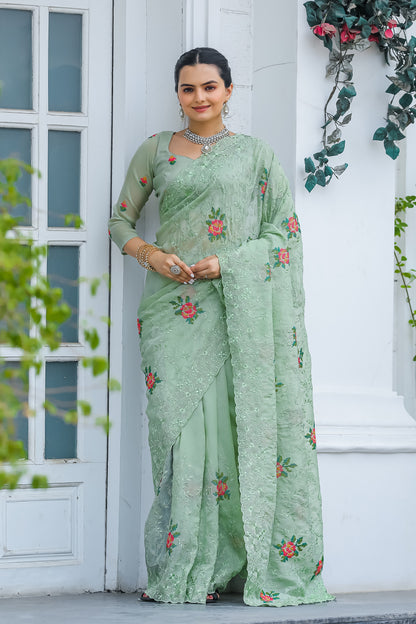 Pista Thread Embroidered Chiffon Saree Set By WTW
