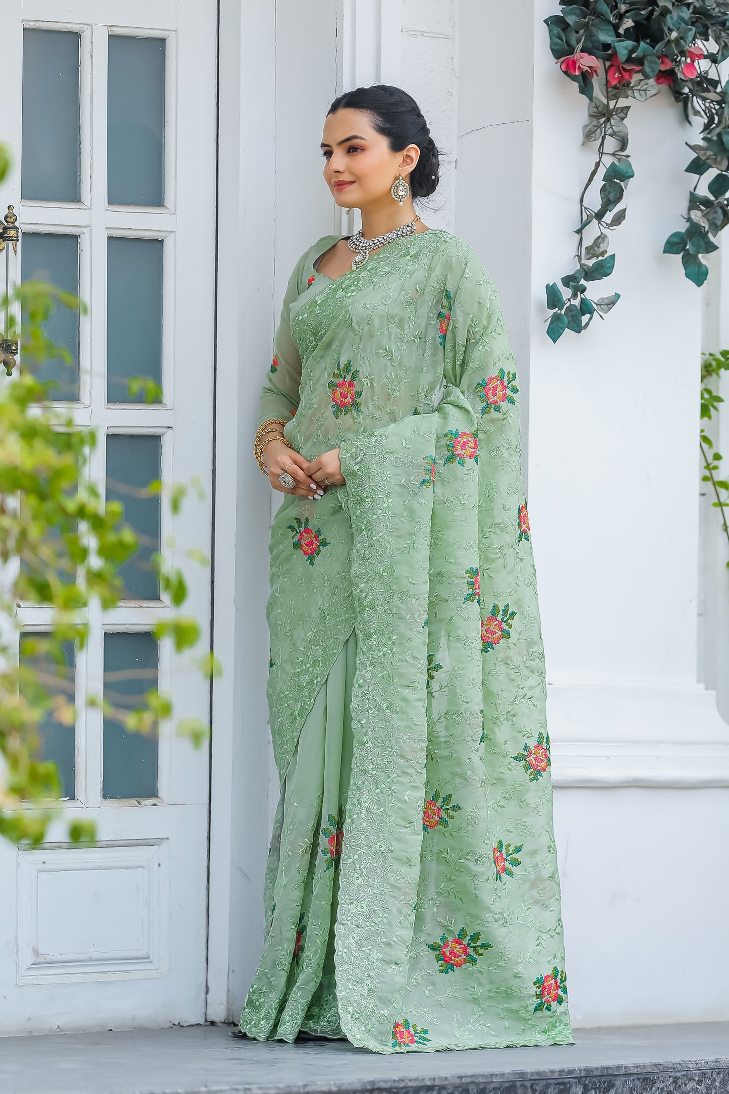 Pista Thread Embroidered Chiffon Saree Set By WTW