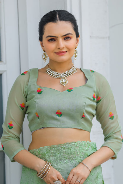 Pista Thread Embroidered Chiffon Saree Set By WTW