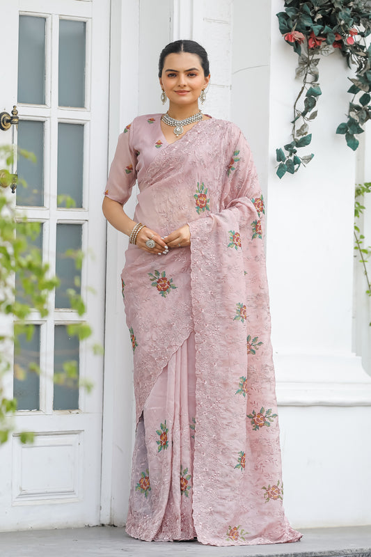 Peach Thread Embroidered Chiffon Saree Set By WTW
