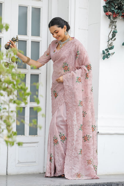 Peach Thread Embroidered Chiffon Saree Set By WTW