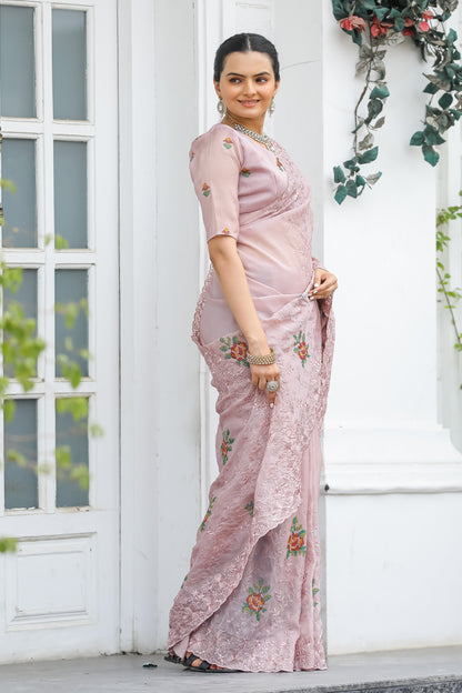 Peach Thread Embroidered Chiffon Saree Set By WTW