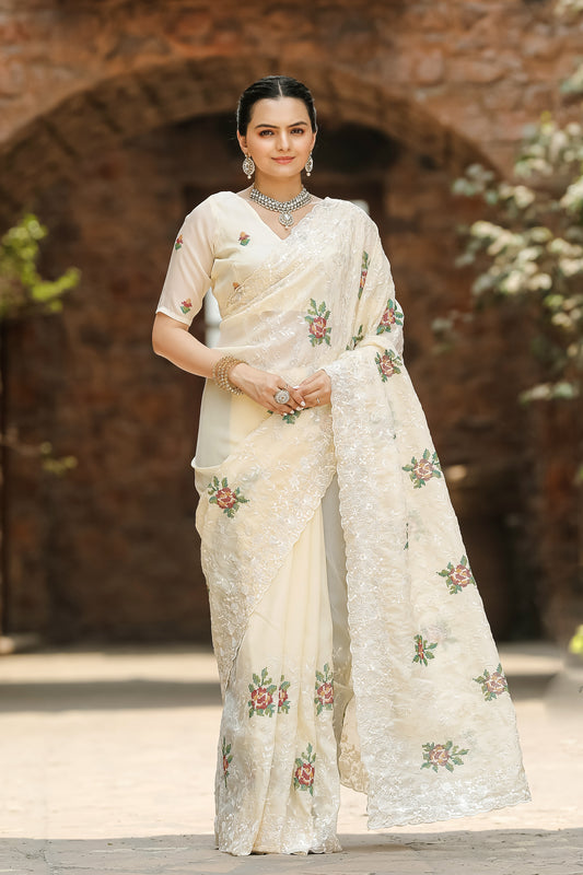 Cream Thread Embroidered Chiffon Saree Set By WTW