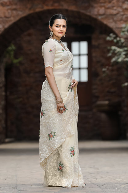 Cream Thread Embroidered Chiffon Saree Set By WTW
