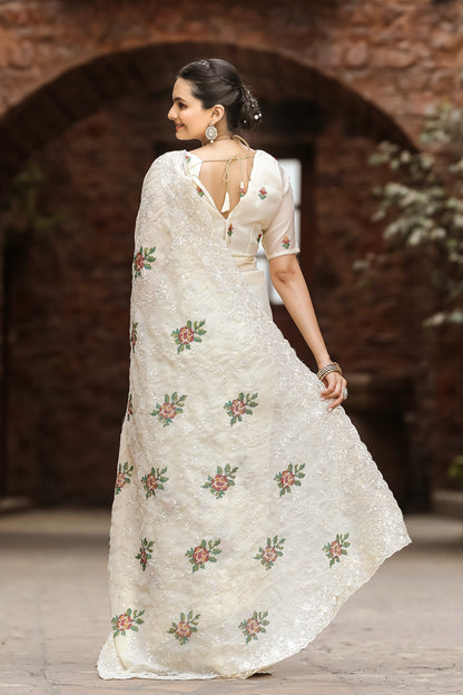 Cream Thread Embroidered Chiffon Saree Set By WTW