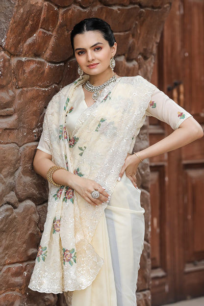Cream Thread Embroidered Chiffon Saree Set By WTW