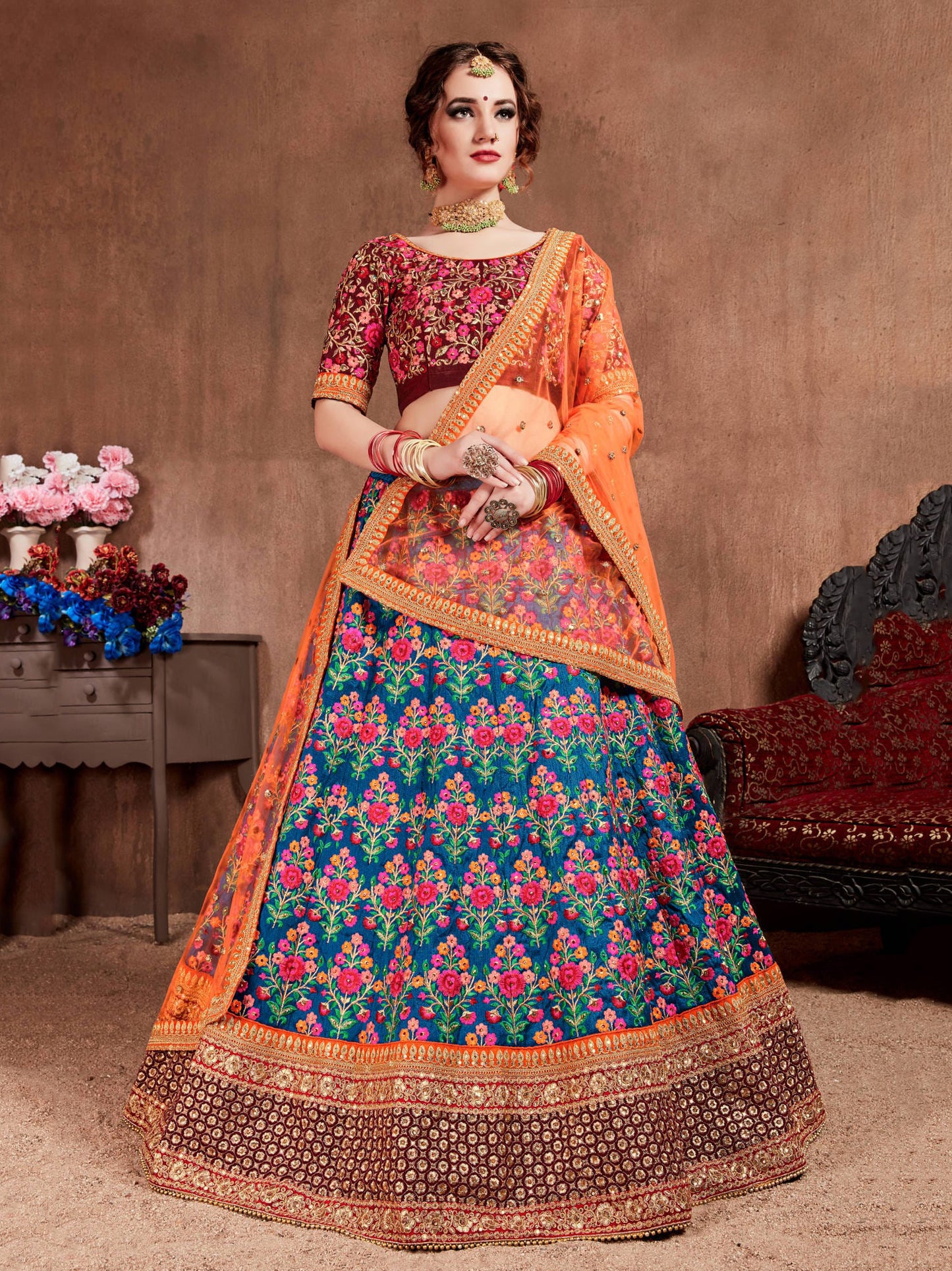 Elegant Navy Blue Mulberry Silk Lehenga With Embroidered Sequins And Stone Embossing Wedding Wear By WTW