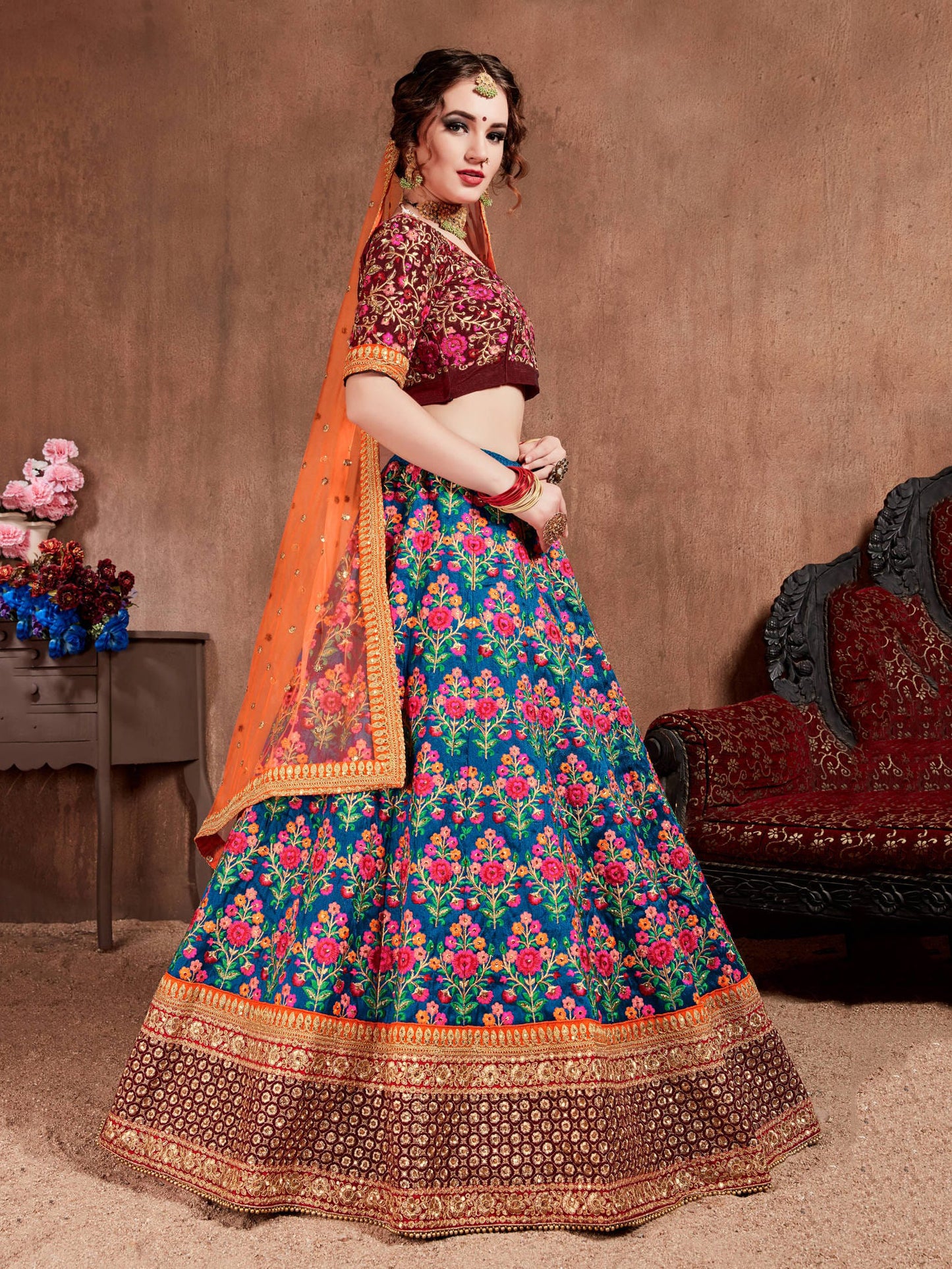 Elegant Navy Blue Mulberry Silk Lehenga With Embroidered Sequins And Stone Embossing Wedding Wear By WTW