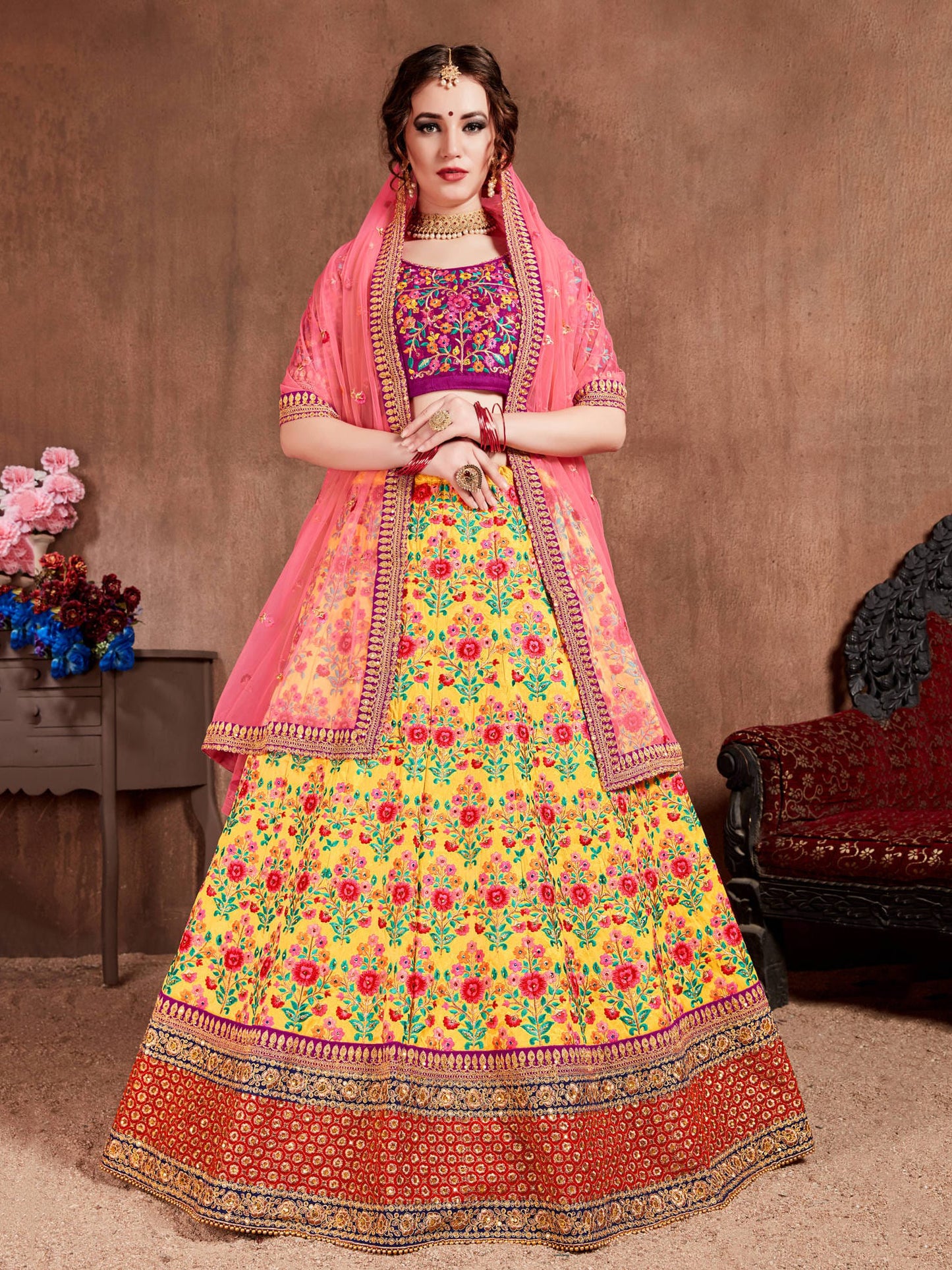 Women Embroidered A-Line Lehenga Choli Set with Dupatta By WTW