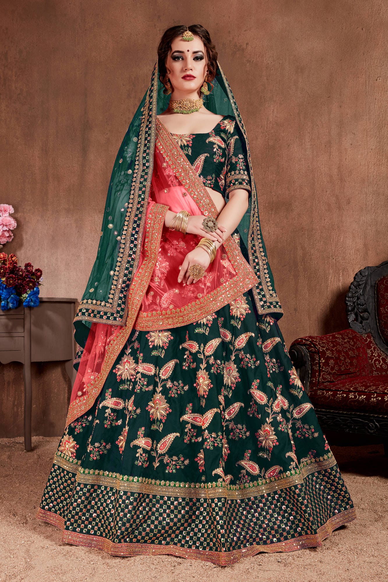 Green Silk Blend Embroidered Semi Stitched Lehenga With Blouse For Women By WTW