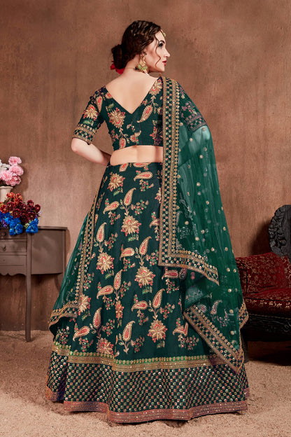 Green Silk Blend Embroidered Semi Stitched Lehenga With Blouse For Women By WTW