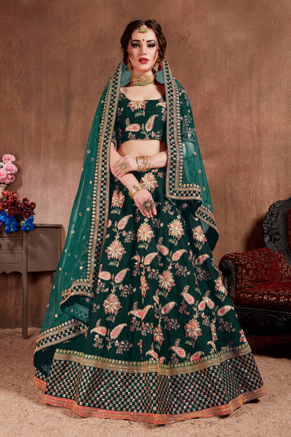 Green Silk Blend Embroidered Semi Stitched Lehenga With Blouse For Women By WTW