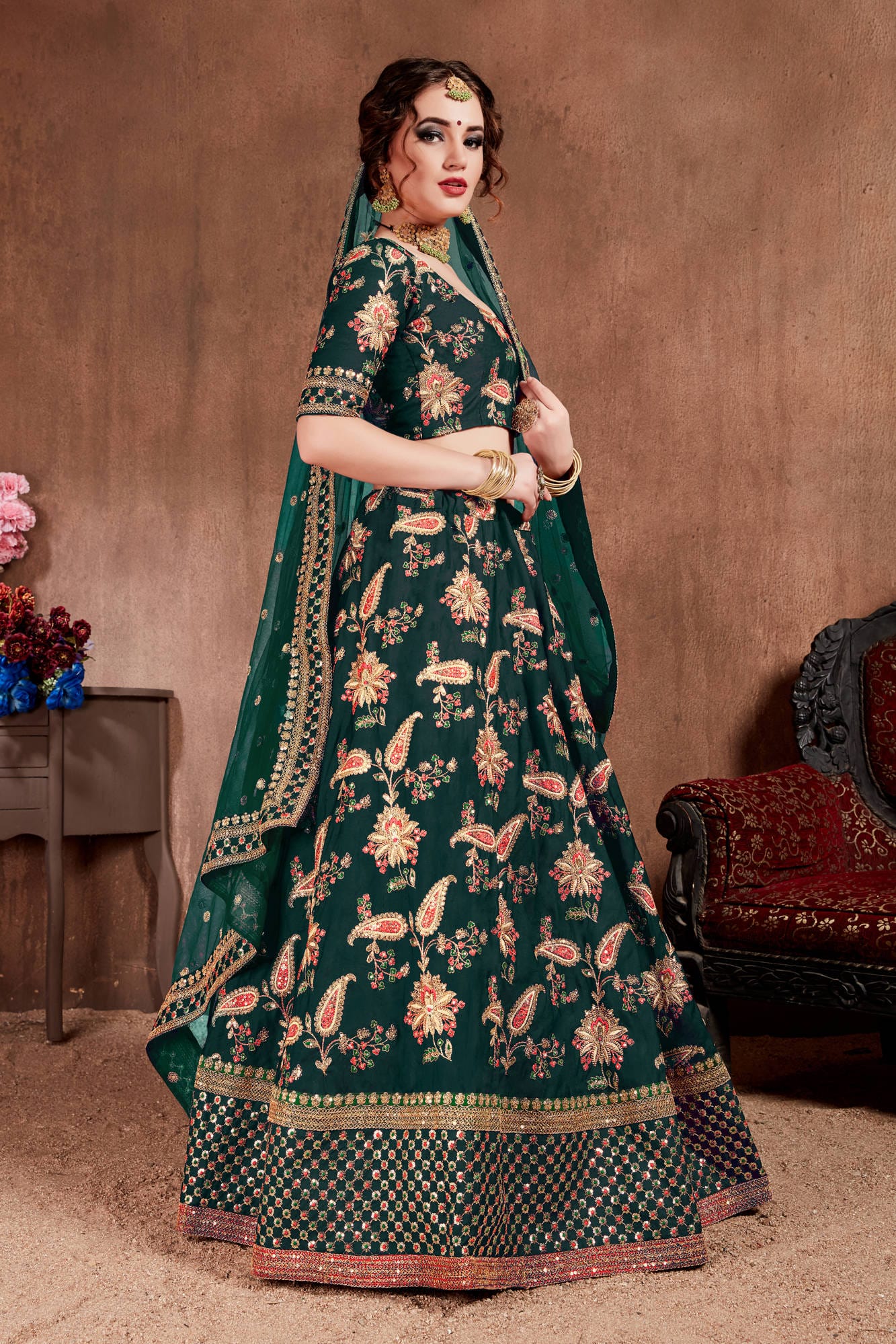 Green Silk Blend Embroidered Semi Stitched Lehenga With Blouse For Women By WTW