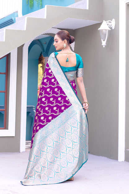 Velvet Purple Satin Banarasi Silk Saree By WTW