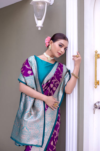 Velvet Purple Satin Banarasi Silk Saree By WTW