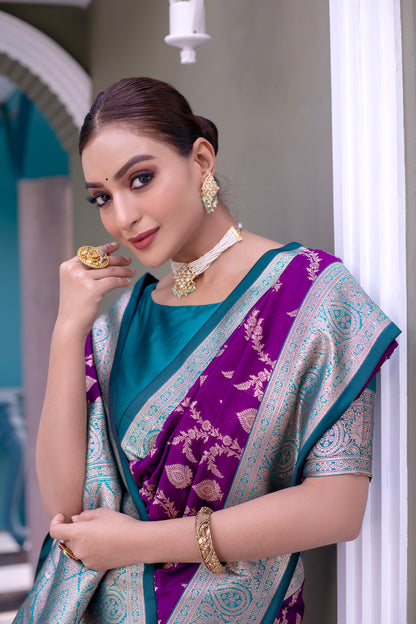 Velvet Purple Satin Banarasi Silk Saree By WTW